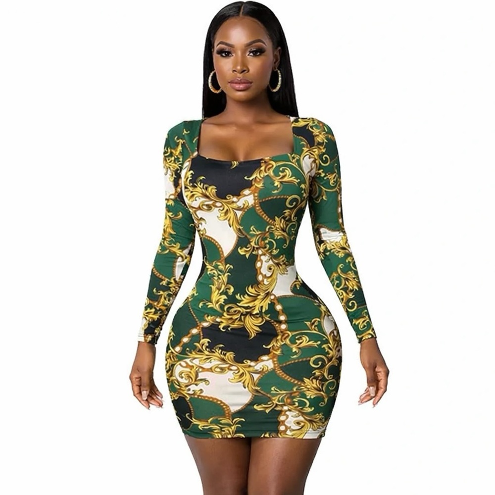 NEW! Gold Chain Printed Long Sleeve Bodycon Mini Dress